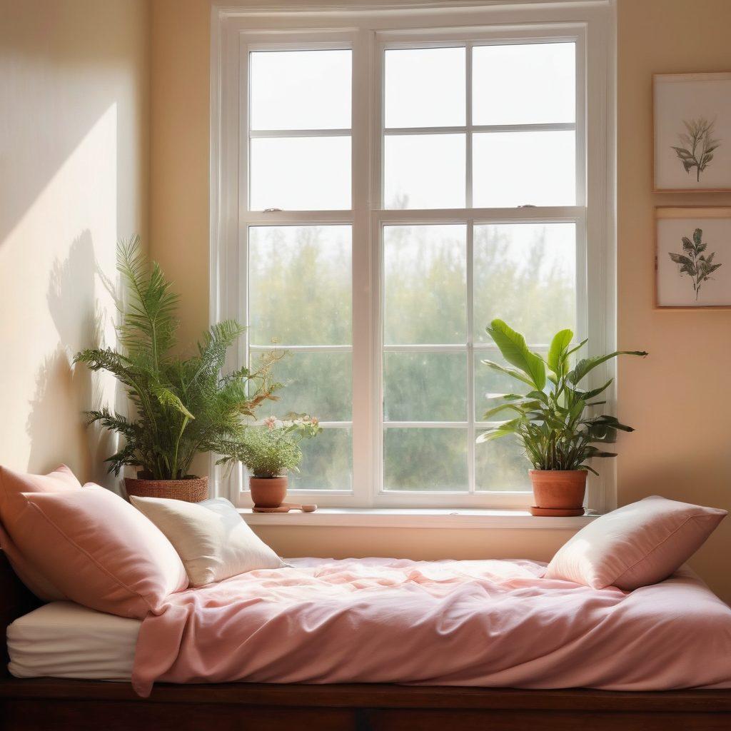 A serene and inviting scene of a cozy meditation space filled with soft light and light pastel colors. Incorporate elements of self-care like plants, soft cushions, and a steaming cup of herbal tea to emphasize tranquility and upliftment. Include a subtle presence of sunlight streaming through a window, creating an atmosphere of warmth and lightheartedness. evoke feelings of peace and joy. vibrant colors. soft focus.