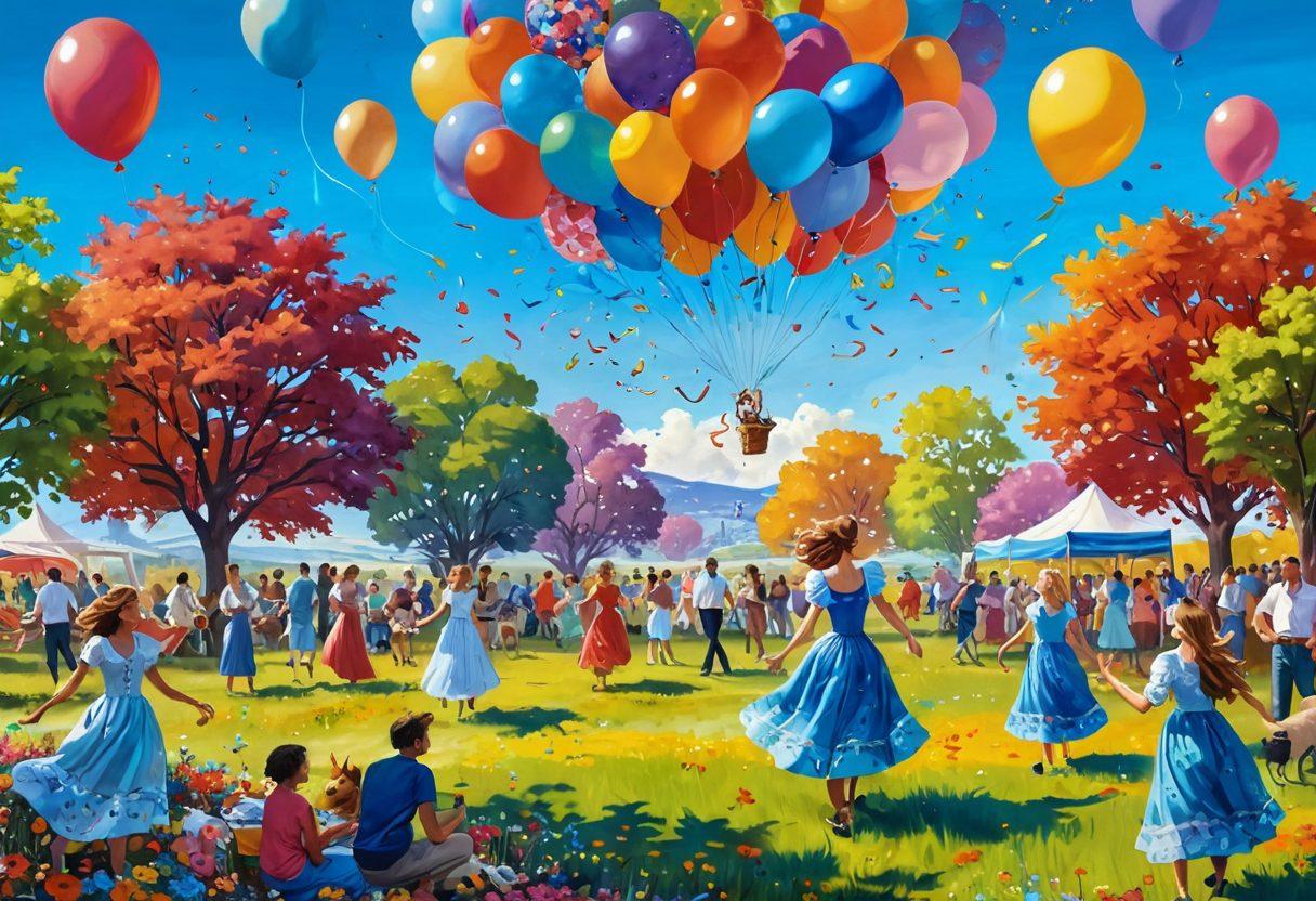 A vibrant and whimsical landscape filled with colorful flowers, playful animals, and a bright blue sky, inviting the viewer into a joyful scene. In the foreground, a diverse group of people laughing and enjoying various activities like dancing, painting, and picnicking. Beside them, oversized balloons and swirling confetti add a sense of celebration and whimsy. The overall atmosphere is cheerful and lively, evoking a feeling of happiness and freedom. super-realistic. vibrant colors. fantasy art.