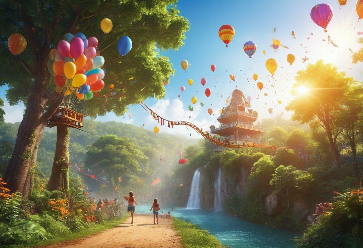 A vibrant scene showcasing a variety of thrilling activities such as zip-lining through a lush forest, people enjoying a fun-filled amusement park, and kids playing at a colorful water park. Add elements of laughter and joy with balloons and confetti in the air. The sun shines brightly, creating a cheerful atmosphere. super-realistic. vibrant colors.